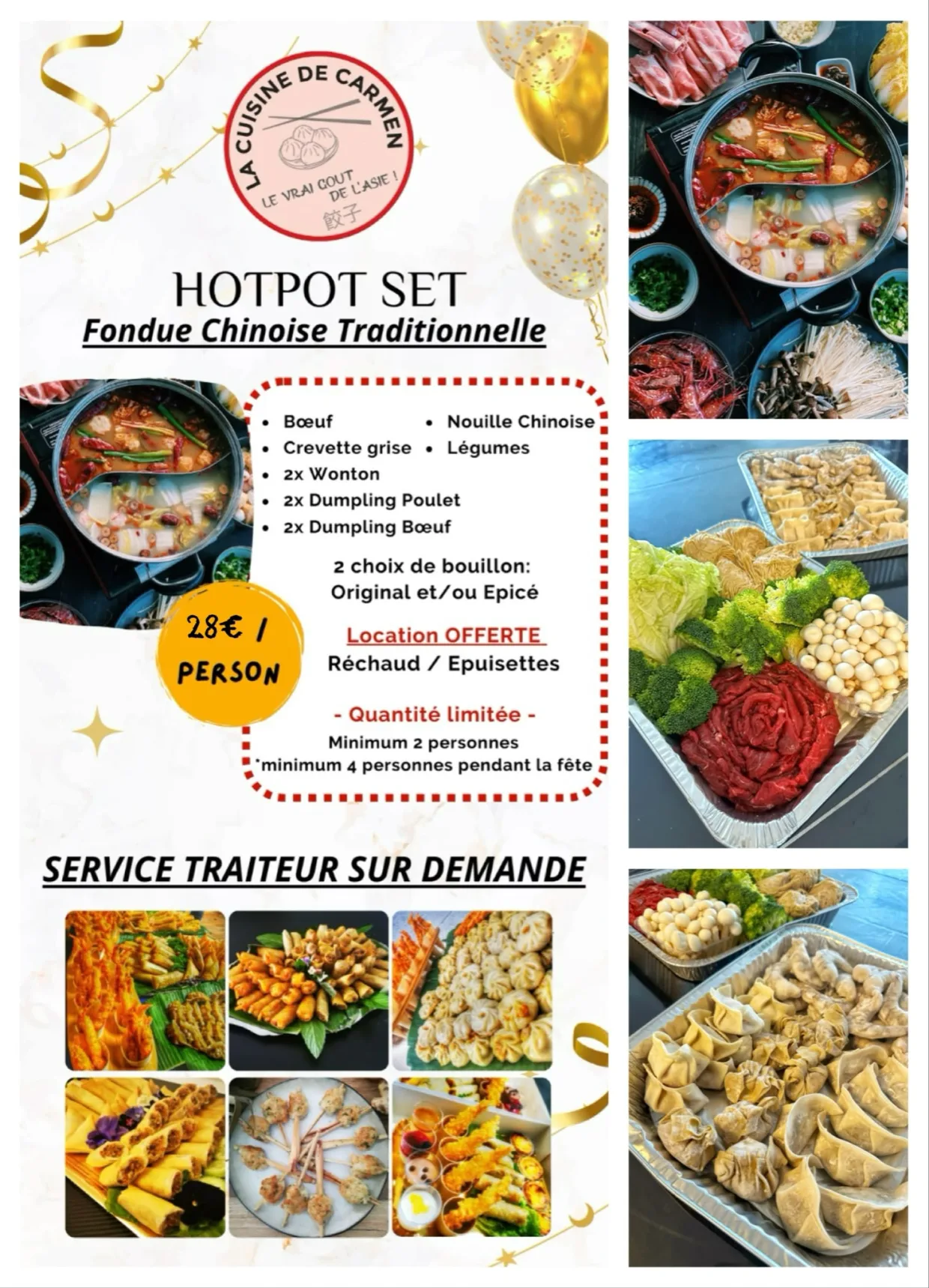 Flyer Hotpot Set, fondue chinoise traditionnelle à emporter, 28 € par personne, réchaud et épuisettes offerts — La Cuisine de Carmen